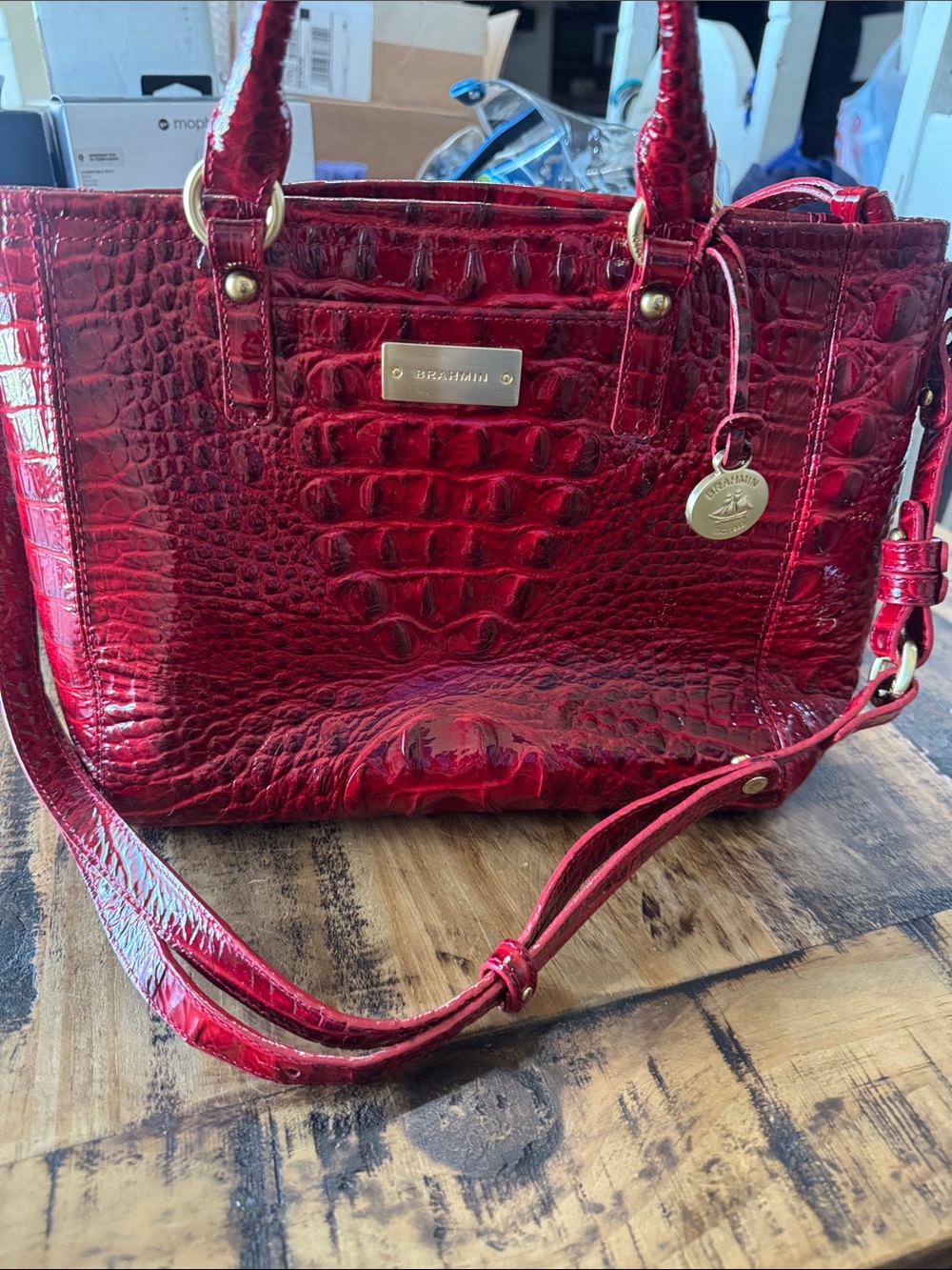 Brahmin Glossy Red Croc-Embossed Satchel with Gold Hardware